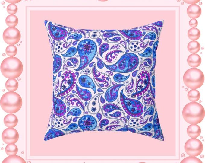 Blue Purple Paisley Pattern Pillow | Square Decorative Pillow