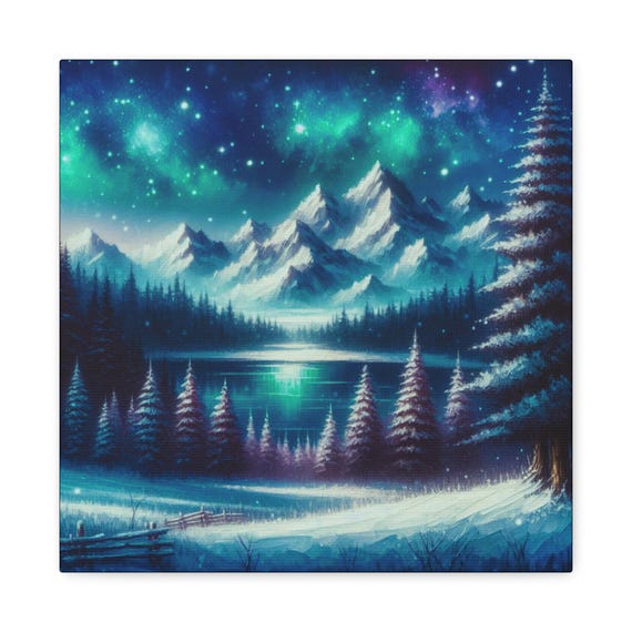 Winter Northern Lights Canvas Art: Mountain Lake Scene (14x14)