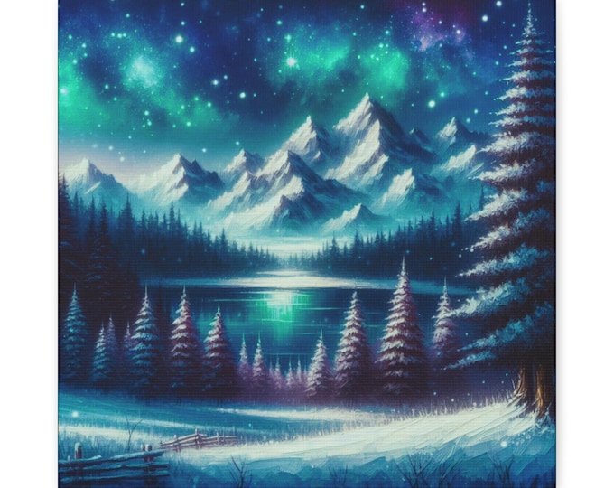 Winter Northern Lights Canvas Art: Mountain Lake Scene (14x14)