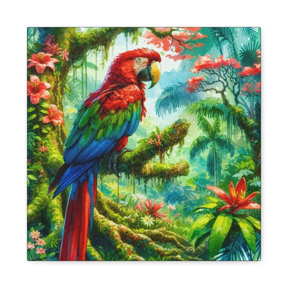 Scarlet Macaw Parrot Canvas Wall Art: Tropical Home Decor, 14x14