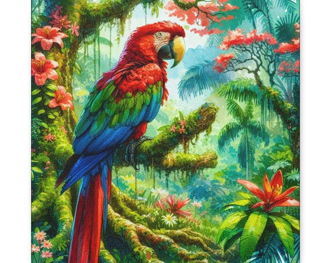 Scarlet Macaw Parrot Canvas Wall Art: Tropical Home Decor, 14x14