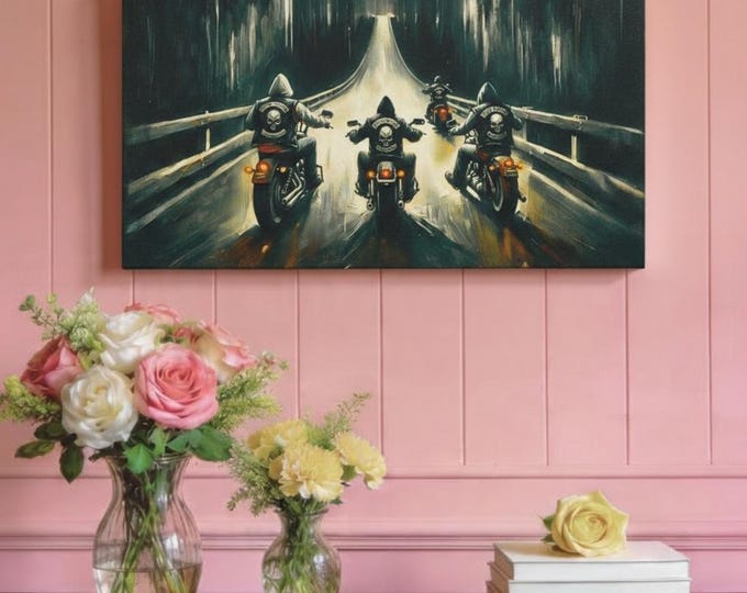 Motorcycle Road Trip Canvas Art: Biker Man Cave Decor (30x15)