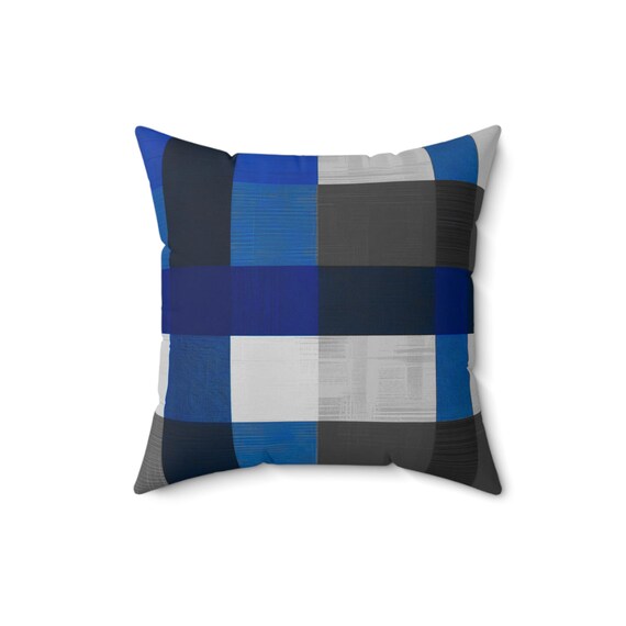 Modern Midnight Blue and Gray Throw Pillow: 16x16 Spun Polyester Cushion