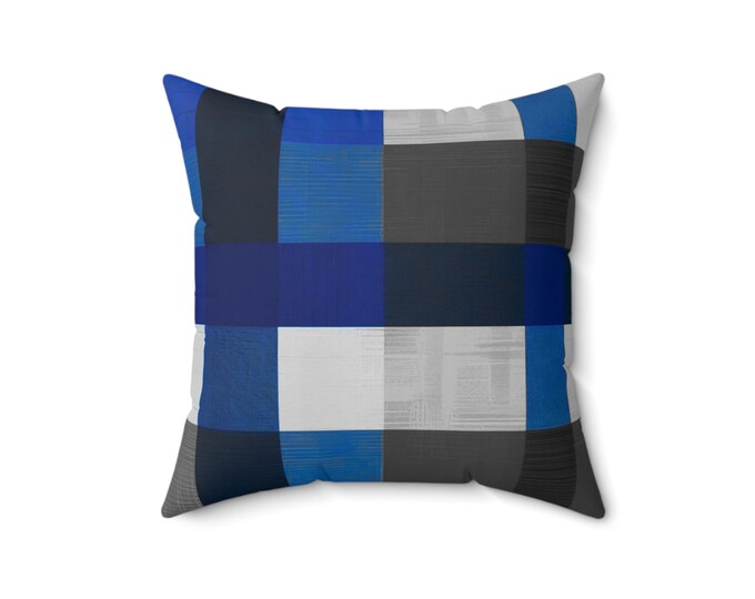 Modern Midnight Blue and Gray Throw Pillow: 16x16 Spun Polyester Cushion