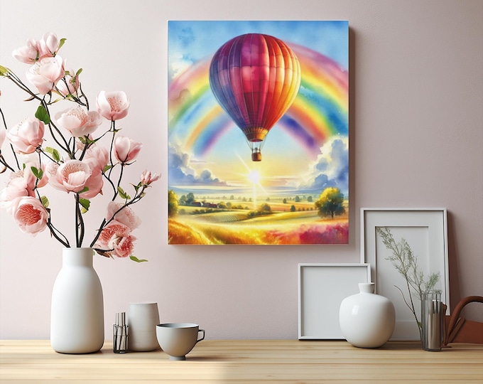Hot Air Balloon Canvas Art: Rainbow Landscape, Motivational Decor (16x20)