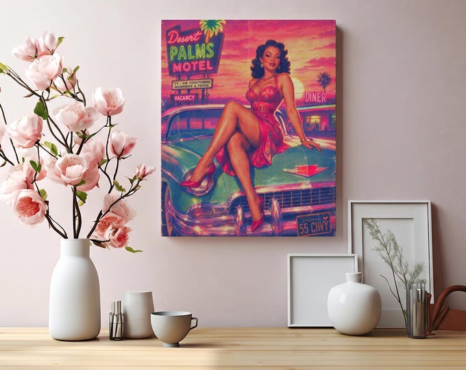 Desert Heat Matte Canvas Artwork | Retro Pinup Girl Wall Accent | Man Cave Decor