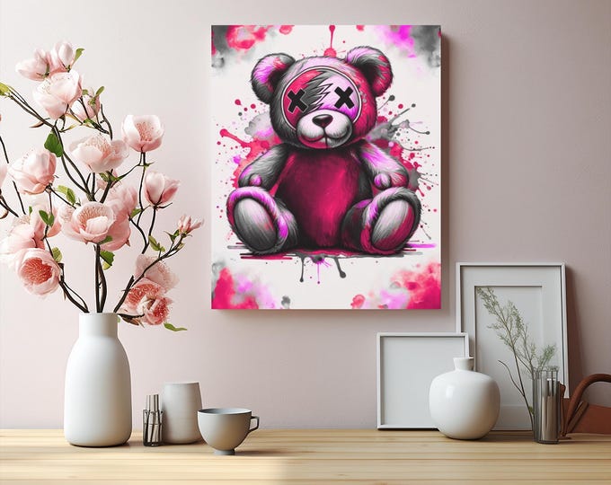 Razzmatazz Teddy Bear Canvas Art: Whimsical Colorful Wall Decor (16x20 Canvas Only)