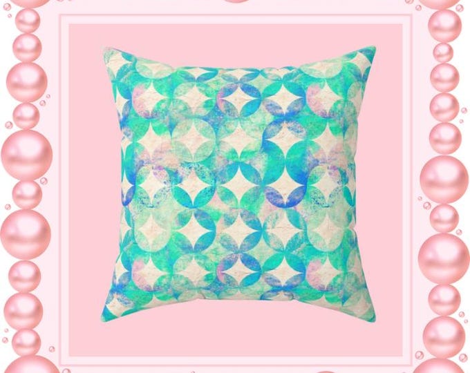 Turquoise Geometric Pattern Pillow | Abstract Circle Motif Square Pillow