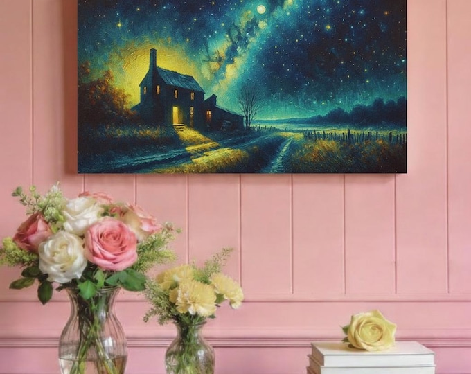Cozy Cottage Landscape Canvas Art: Starry Night Astronomy Painting (30x15)