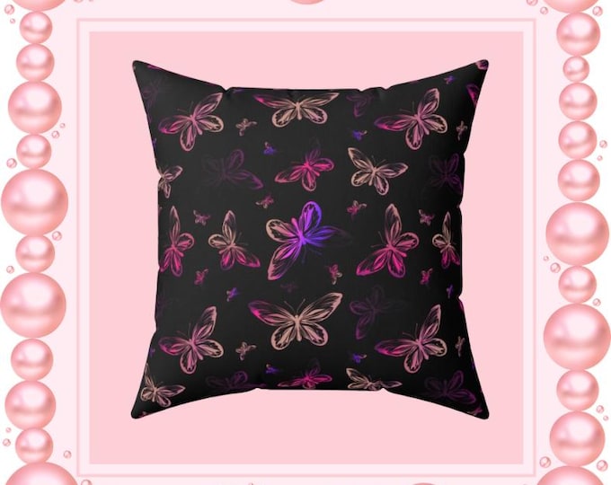 Neon Pink Butterflies Spun Polyester Pillow
