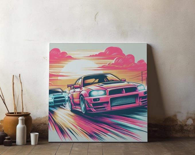 Sunset Racers Matte Canvas Art: Abstract Street Racing Wall Decor