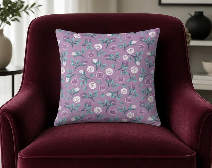 Floral Throw Pillow: Purple Roses, Teal Back - Cozy Accent Pillow (16x16)