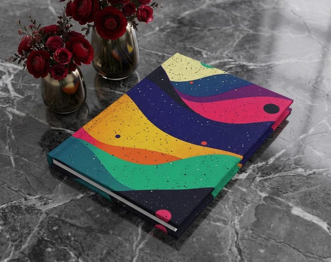Abstract Retro Waves Hardcover Journal | Colorful Cosmic Pattern
