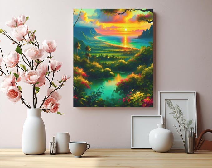 Tropical Sunset Canvas Art: Sunlit Botanica, Serene Oceanic Landscape (16x20)