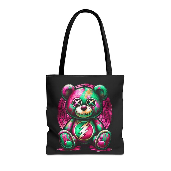 Pink Punk Plushie Tote Bag: Psychedelic Teddy Bear Design