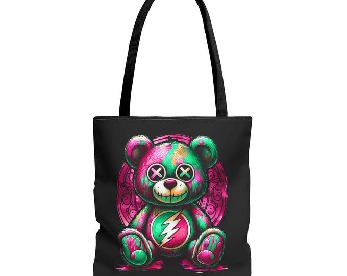 Pink Punk Plushie Tote Bag: Psychedelic Teddy Bear Design