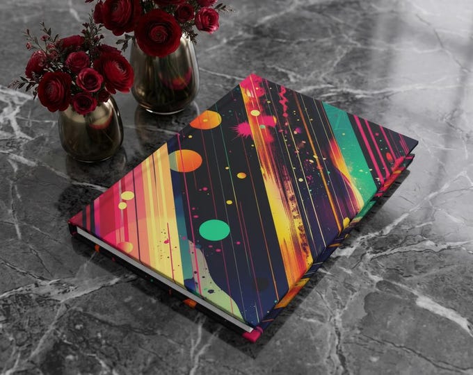 Neon Diagonal Abstract Art Hardcover Journal | Colorful Retro Space Lines