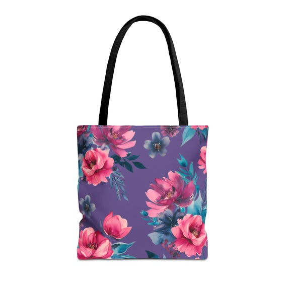 Floral Print Tote Bag: Stylish Reusable Shopping Bag with Black Handles