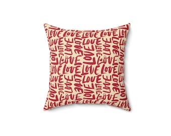 Love Repeat Pattern Pillow | Red Script Word Art Throw Pillow