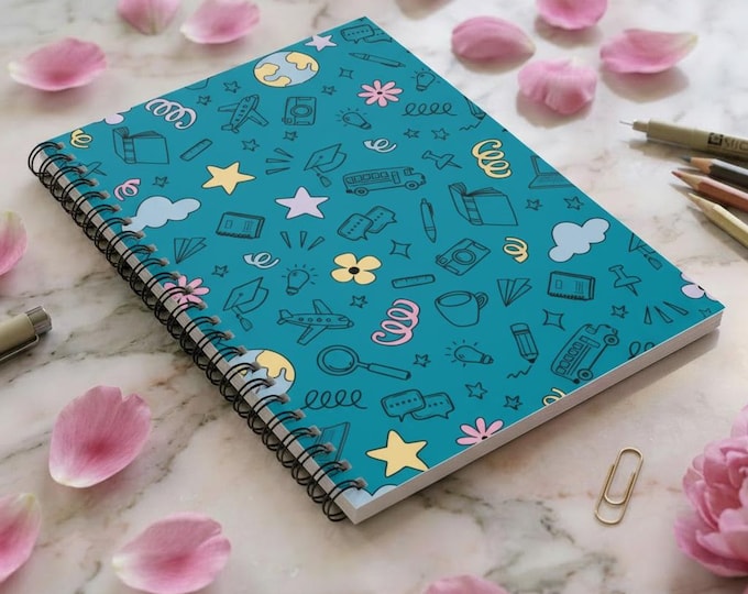 School Scribbles Spiral Bound Notebook | Ruled Lines | Stylish Doodle Icons Journal