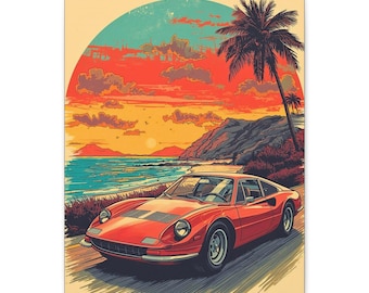 Retro Car Canvas Art: Coastal Sunset Beach House Decor (16x20)