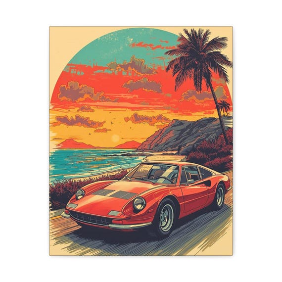 Retro Car Canvas Art: Coastal Sunset Beach House Decor (16x20)