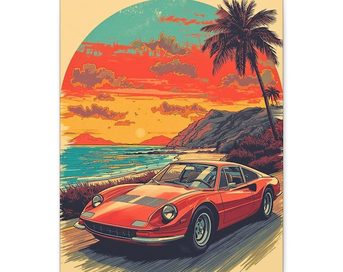 Retro Car Canvas Art: Coastal Sunset Beach House Decor (16x20)