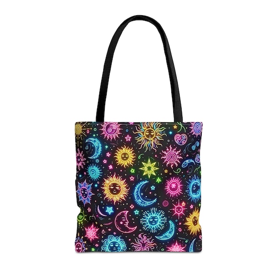 Neon Celestial Tote Bag: Cosmic Sun & Moon Design
