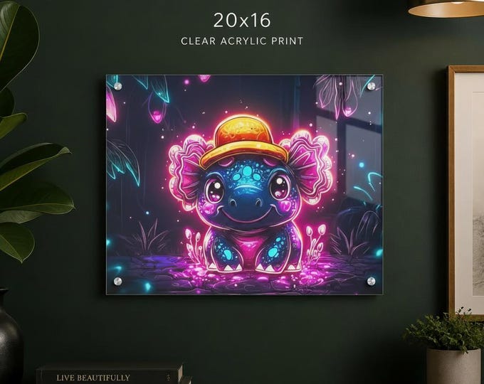 Glowing Neon Axolotl Acrylic Print | French Cleat Hanging