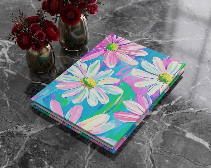 Pink Daisy Floral Hardcover Journal | Bright Painted Flowers Matte Notebook