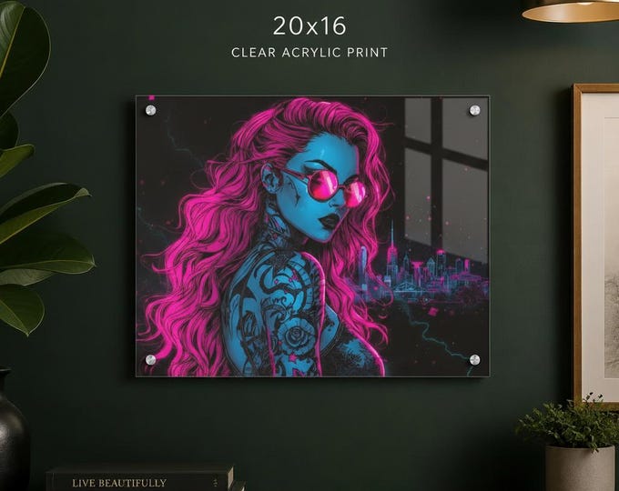 Ultraviolet Noir Acrylic Print | Neon Cyberpunk Girl with French Cleat Wall Hanging