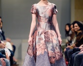 BASILICA Dusty Rose Pink Floral Evening Gown Satin Jacquard Silver Sheer Lace Full Skirt A-line Princess Dress