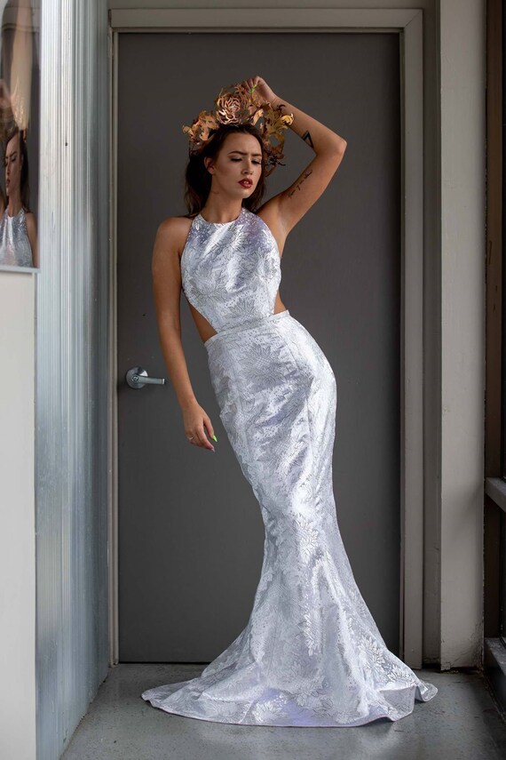Willow Silver White Trumpet Jacquard Bridal Gown Boho Brocade Etsy