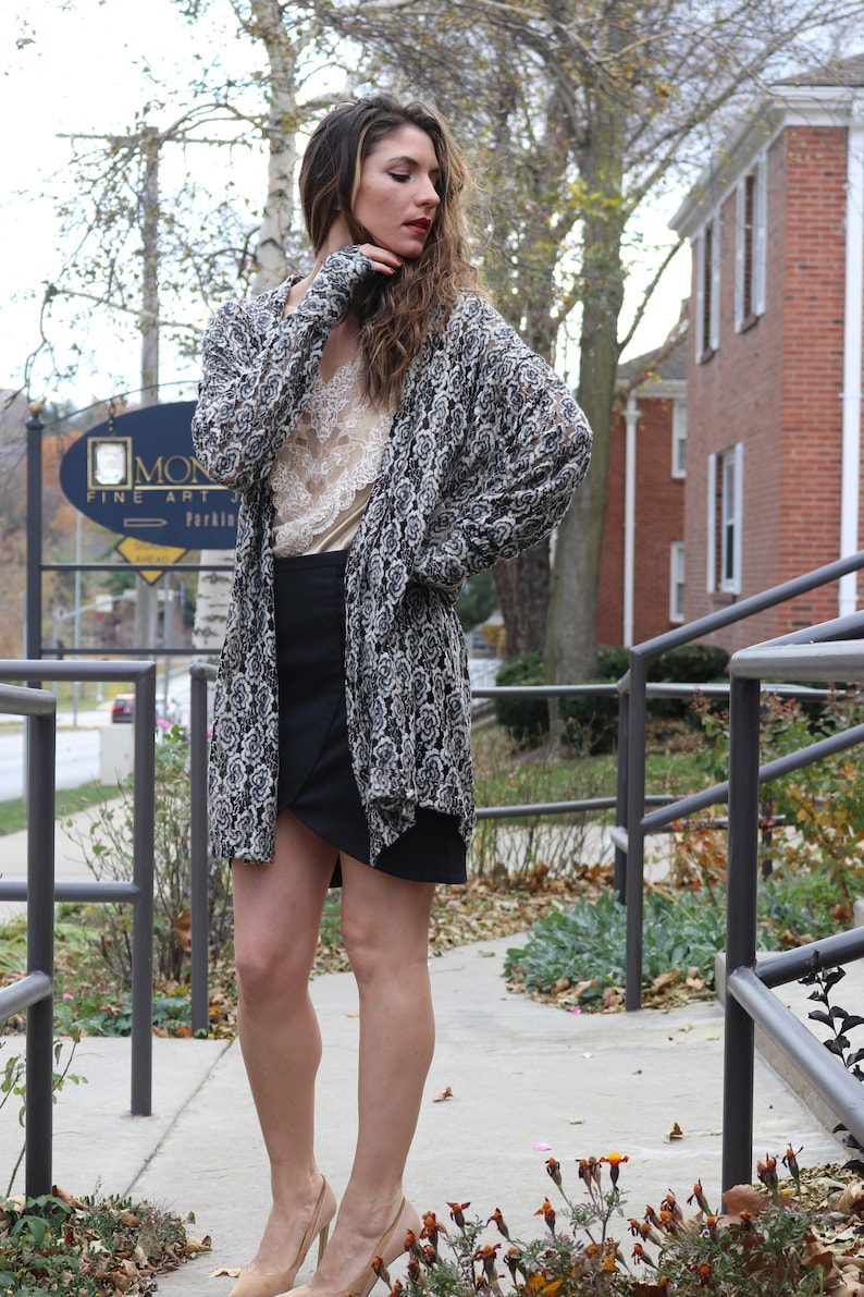 MONTREAL Cardigan Gray Rose Felted lace Oversized Long