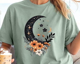 Floral Crescent Moon Shirt, Boho Celestial Comfort Tee, Sun And Moon Graphic Tshirt, Witchy Nature Sweatshirt, Mystical Lunar Gift
