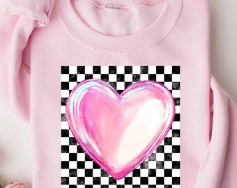 Felpa retrò a quadri con cuore per San Valentino, carina maglietta per San Valentino, maglietta da donna per San Valentino, maglietta a quadri, regalo estetico per San Valentino