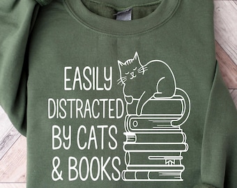 Leicht abgelenkt von Katzen und Büchern Sweatshirt, Buch-Liebhaber-Geschenk, lustiges Katzen-T-Shirt, Katzenliebhaber-T-Shirt, Katzenmutter-Geschenk, niedliche Katzen und Bücher-Hemd