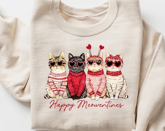 Happy Valentines Cat Sweatshirt, Women's Cat Lover Gift, Valentine Sweater, Heart Graphic Tee, Romantic Kittens Top, Valentine Cat Hoodie