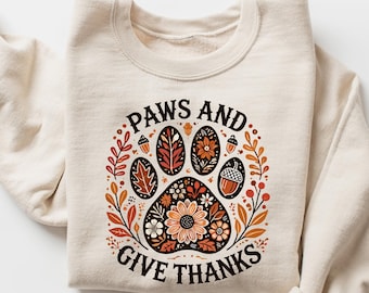 Sweat-shirt automne Les pattes et remerciements, t-shirt automne pour amoureux des chiens, t-shirt empreinte de pattes pour Thanksgiving, cadeau automne pour propriétaire d'animal de compagnie, chemise empreinte de pattes pour Thanksgiving