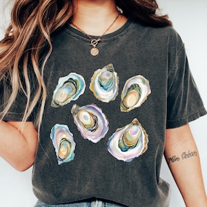 Camiseta retro para amantes de las ostras, camiseta de mariscos con acuarela para mujer, camiseta moderna con temática marina, camiseta playera costera, regalo de verano para ella