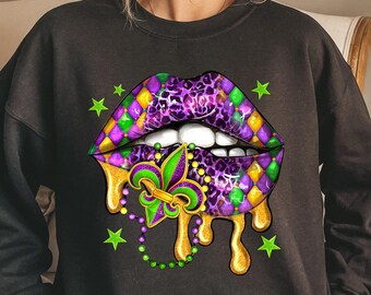 Mardi Gras Lips Sweatshirt, Mardi Gras T-shirt, Lips Fleur De Lis Shirt, Fat Tuesday Crewneck, Flower De Luce Tee, Louisiana Mardi Gras Gift