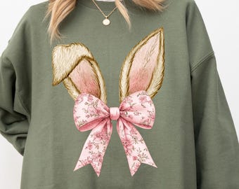 Coquette Bunny Ears Sweatshirt, Cute Easter Bunny T-shirt, Aesthetic Easter Shirt, Women's Easter Gift, Coquette Rabbit Crewneck