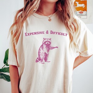 May include: A cream-coloured t-shirt featuring the text "Expensive & Difficult" and a purple raccoon illustration. The raccoon is depicted standing upright. The t-shirt is a relaxed fit.
