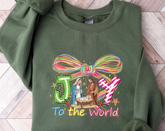 Joy To The World Christian Christmas Sweatshirt, Cute Jesus Shirt, Retro Christmas Nativity Scene Tee, Christmas Gift For Religious Family
