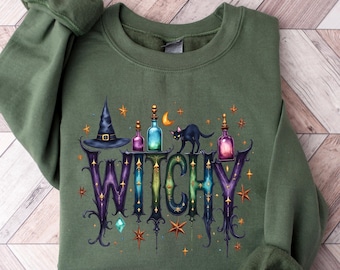 ハロウィン魔女スウェットシャツ、面白い魔女シャツ、ハロウィンレディースTシャツ、魔女の雰囲気のシーズンTシャツ、魔女好きのクルーネック、ハロウィンユーモアギフト
