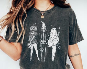 Koszulka Spooky Girl Squad, Koszulka Skeleton Ghost Pumpkin, Koszulka Witchy Fall, Bluza retro Halloween, Prezent na Halloween, Dziewczęca koszulka na Halloween