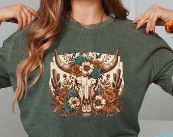 Retro comfort koe schedel T-shirt, bloemen koe schedel shirt, country muziek ronde hals, western moeder cadeau, grappig cowgirl T-shirt, kleding westerse vrouwen