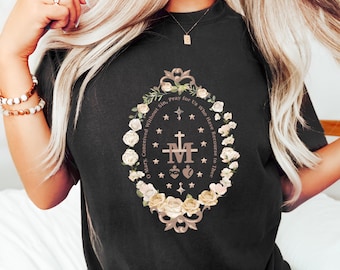 T-shirt Marian, T-shirt Maagd Maria, katholiek cadeau voor vrouwen, T-shirt katholiek moeder, T-shirt Marian Cross, religieus shirt vrouwen religieus bloemen