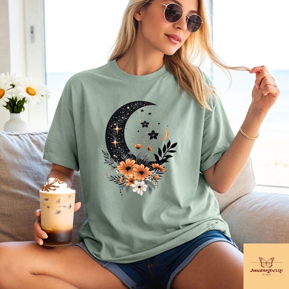 Floral Crescent Moon Shirt, Boho Celestial Comfort Tee, Sun And Moon Graphic Tshirt, Witchy Nature Sweatshirt, Mystical Lunar Gift