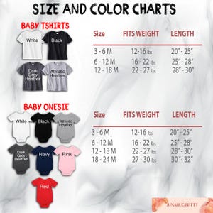 Puede incluir: Tablas de tallas y colores para camisetas y bodies de beb&eacute;. Las camisetas est&aacute;n disponibles en blanco, negro, gris oscuro jaspeado y jaspeado atl&eacute;tico. Los bodies est&aacute;n disponibles en blanco, negro, jaspeado atl&eacute;tico, gris oscuro jaspeado, azul marino, rosa y rojo.